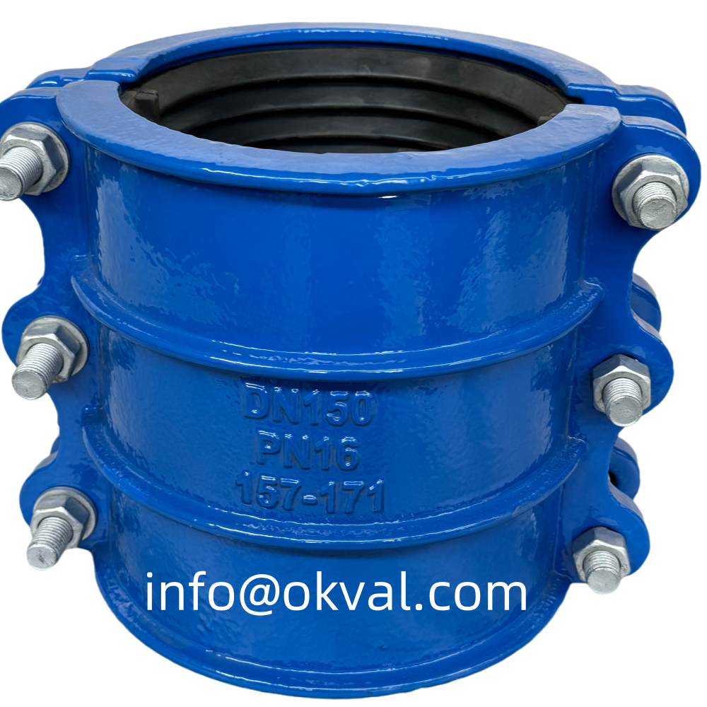 Universal dual clamp (UU) Ductile Iron pipe repair clamp Двухсоставные ремонтные чугунные муфты UU Pipe repair clamp for the quick,safe and permanent repair i the drinking water sector. OKVAL Couplings Universal Dual Clamp, pipe repair clamps available from size DN80 to DN300.