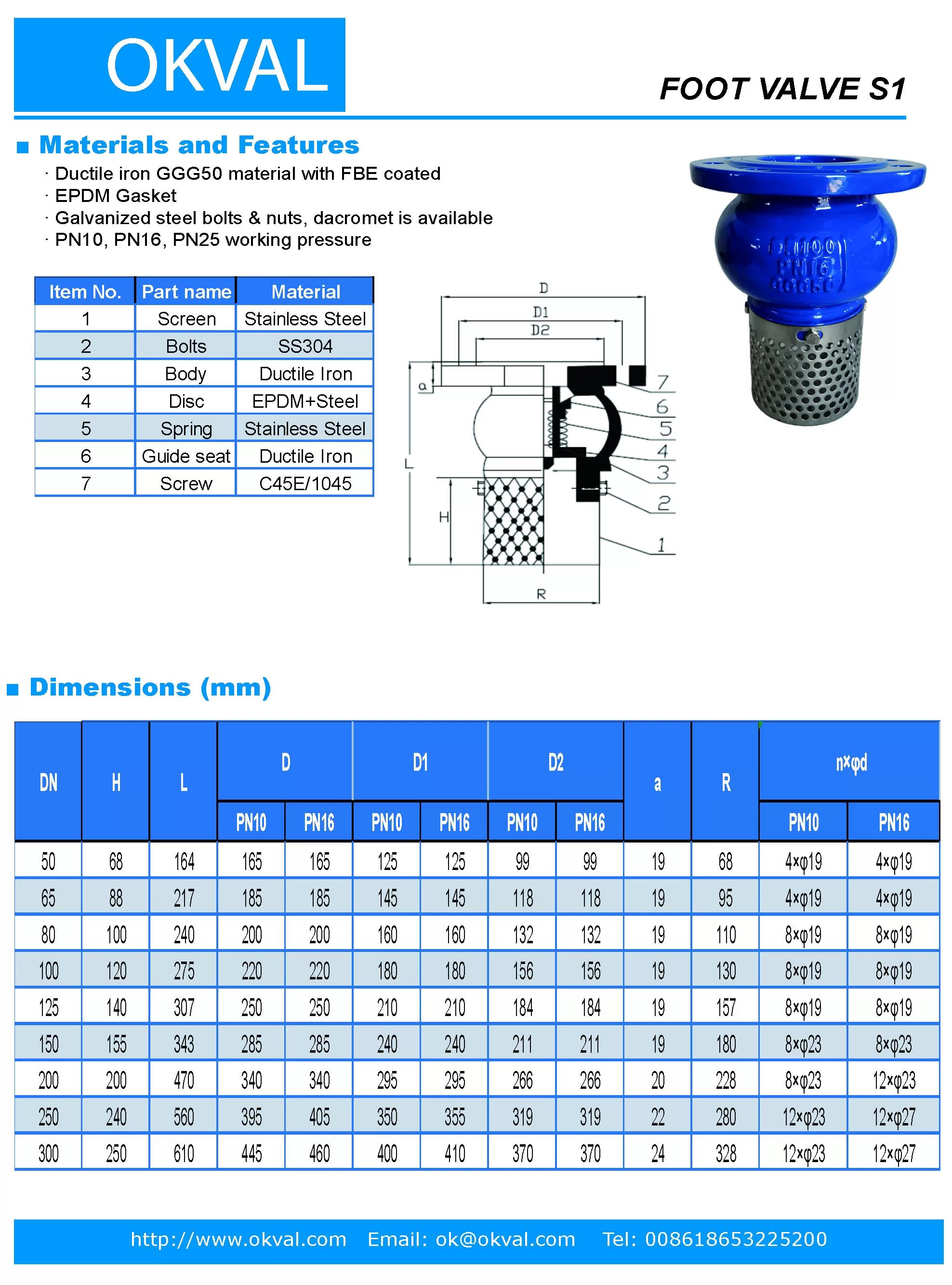 Válvula de pie OKVAL Válvula de retención de pie Accesorios de bomba Presión nominal: PN16 / PN10 Medio de trabajo: Agua Temperatura de trabajo: -20˚C...80˚C para malla de acero inoxidable EPDM con bridas según BS 4504 / BS EN1092 Válvula de retención pie #Bombas Disco es hierro dúctil GJS 500-7. Collarín en latón forjado BS2874 CA104. Eje en acero inoxidable BS970. Sello en EPDM EN 681-1. Filtro en acero inoxidable SS431. CLAPET DE PIED CRÉPINE Cordón de novia PN10 perforado, para cordón de conducto Gran diámetro de la perforación del filtro Faible résistance d'admision gracias a una configuración favorisant l'écoulement Fonte moulée/caoutchouc à joint sopale Brides selon EN 1092-2 Corps fonte EN GJL -250 revêtu époxy (Sauf DN 500: EN-GJS-400). Resorte en acero inoxidable. Crepina en acero galvanizado.